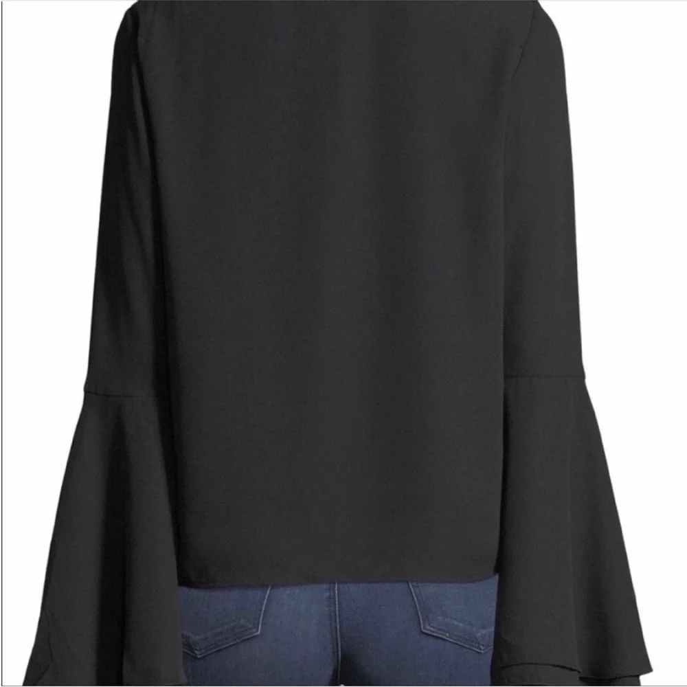 (13) Carmen Marc Valvo V Neck Split Bell Sleeve Blouse Black Medium - Picture 3 of 11